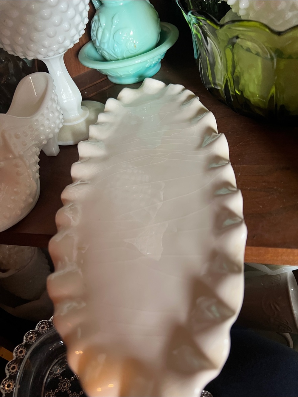 White Ruffled Milk Glass Serving Dish